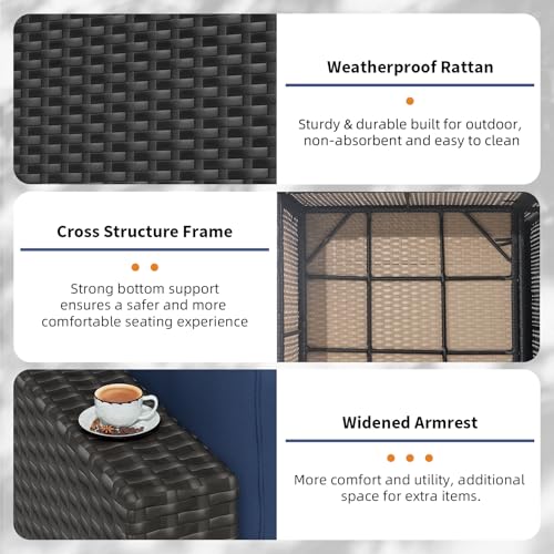 7-Piece Outdoor Patio Furniture Sofa Set Black Rattan Wicker Sectional Conversation Sets with Glass Top Table and Cushions(Dark Blue)