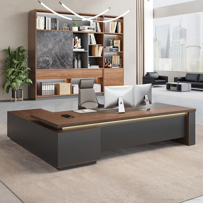 63" Reversible L-Shaped Executive Desk with Locking Drawers, Compact Office Desk for Home & Manager Office, Power Outlet, USB Ports, Storage Shelves, Privacy Panel & LED Light, Walnut Gray