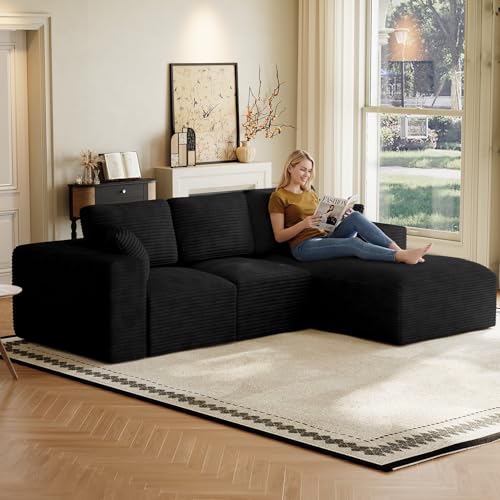 109" L-Shaped Boneless Cloud Sectional Couches, Comfy Corduroy Fluffy Modular Sectional Sofa with Right-Facing Chaise, Deep Seat Memory Foam Plush Couch for Living Room, Small Spaces, Black