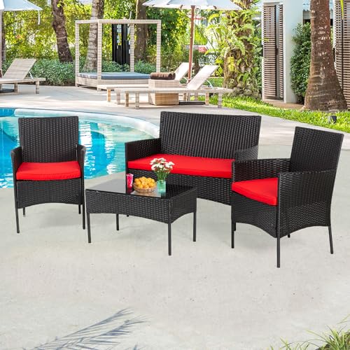 PayLessHere Outdoor Furniture Set 4Pc Modular Patio Furniture Set Water Resistant Conversation Set with 3 Rattan Chairs 1 Tempered Glass Topped Table Seat Cushions for Patio Balcony Poolside, Red