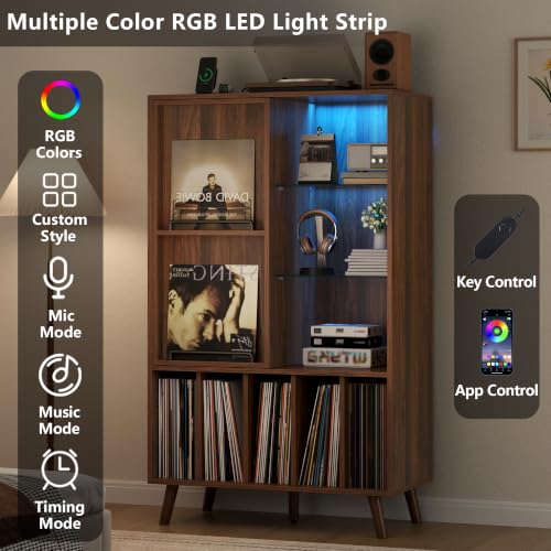 Large Record Player Stand w/Power Outlet & LED Lights, Holds Up 350+ Albums, view 6