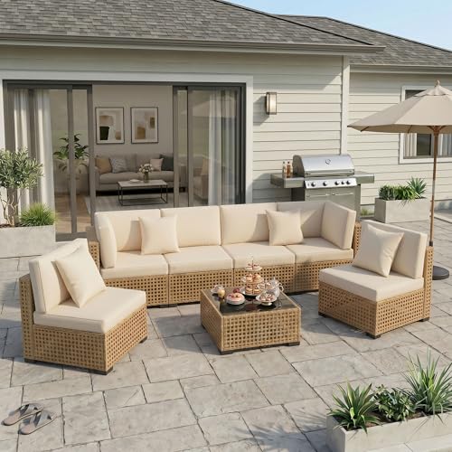 7-Piece Patio Furniture Set, All-Weather PE Rattan Outdoor Sectional Sofa, Modular Wicker Conversation Set with Thick Cushions & Easy-Clean Coffee Table（Yellow/White）