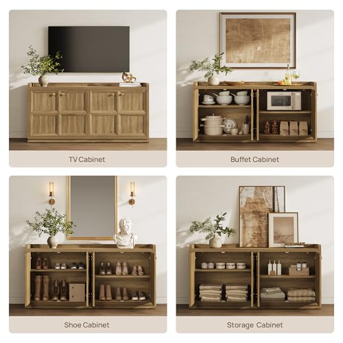 61.7" 4-Door Buffet Sideboard Cabinet Living Room, 2 PCS Brown Oak, view 6