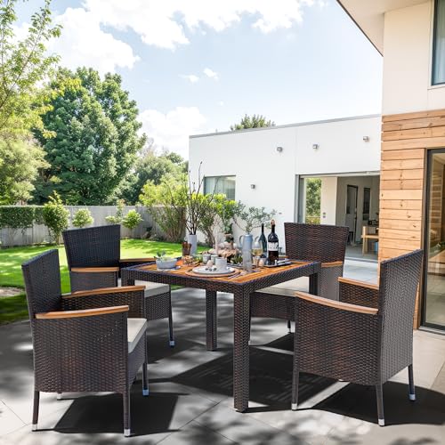 5 PCS Patio Dining Set, Wicker Outdoor Table and Chairs with Soft Cushions, Patio Furniture Set with Wood Table Top for Backyard, Deck and Garden, Brown Rattan