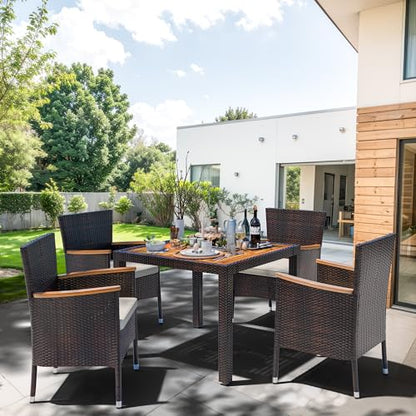 5 PCS Patio Dining Set, Wicker Outdoor Table and Chairs with Soft Cushions, Patio Furniture Set with Wood Table Top for Backyard, Deck and Garden, Brown Rattan