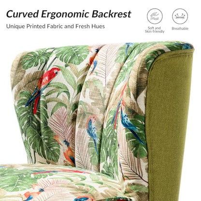 Accent Chair with Golden Metal Legs, Comfy Tufted Wingback Living Room Chair Floral Fabric Small Armless Side Chair, Upholstered Slipper Chair for Bedroom, Reading Room Flower Print