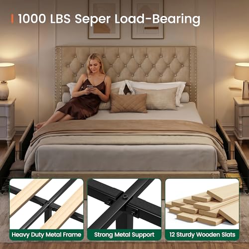 King Size Bed Frame with 4 Storage Drawers and Tufted Headboard Linen, view 7