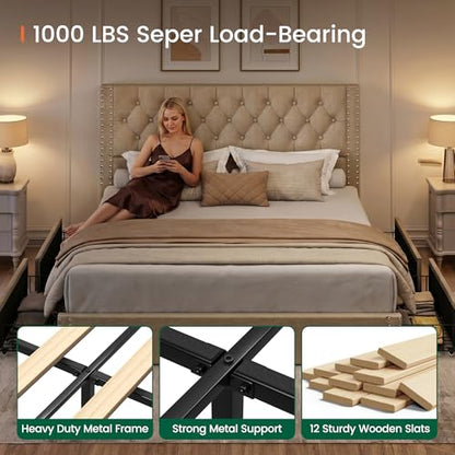 King Size Bed Frame with 4 Storage Drawers and Tufted Headboard Linen, view 7