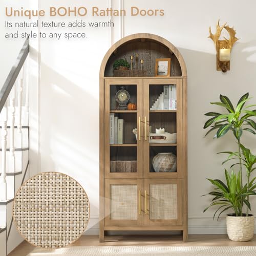 71" Tall Arched Display Cabinet with Glass Doors, 5-Tier Bookshelf, view 5