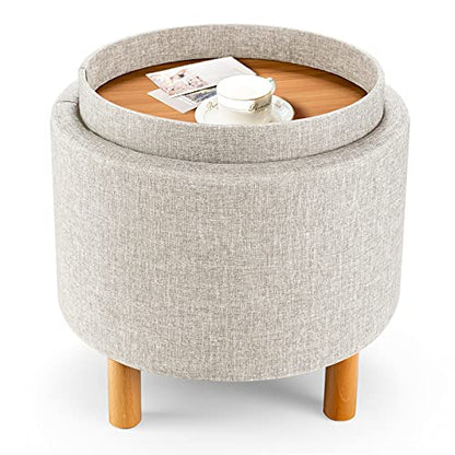 Round Storage Ottoman with Tray Lid, Accent Storage Footstool w/Soft Padding, Fabric Sitting Stool w/Solid Wood Legs & Non-Slip Pads, Tray Top Coffee Table for Living Room, Bedroom (Beige)