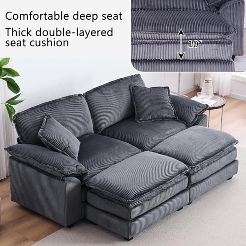 84.6” Corduroy Loveseat with Ottoman, Oversized Double Chaise Lounge Chair Indoor Deep Seat Two Seater Couch Cloud Couch Modular Sectional Sofa for Living Room(Corduroy Grey)