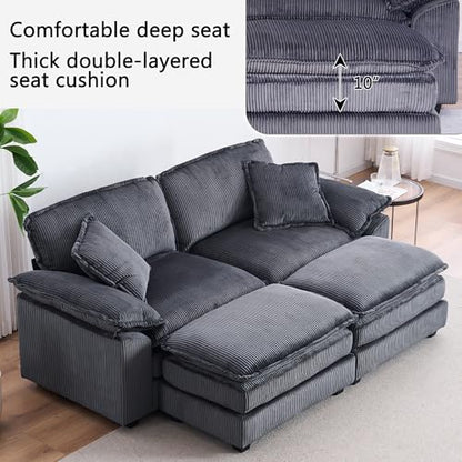 84.6” Corduroy Loveseat with Ottoman, Oversized Double Chaise Lounge Chair Indoor Deep Seat Two Seater Couch Cloud Couch Modular Sectional Sofa for Living Room(Corduroy Grey)