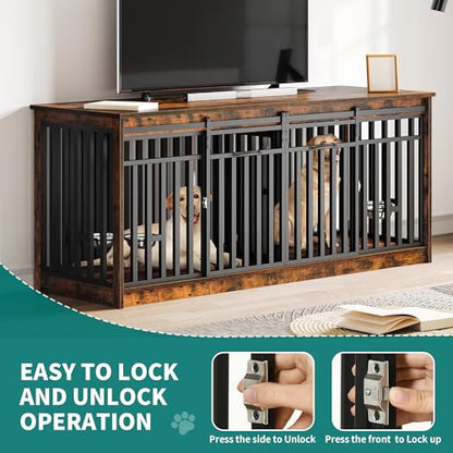 71" Double Dog Crate Furniture with 4 Dog Bowls, view 6