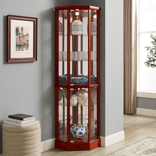 6 Shelf Lighted Corner Curio Cabinet with Adjustable Tempered Glass Shelves and Mirror Back, Cherry(E26 Light Bulb not Included)