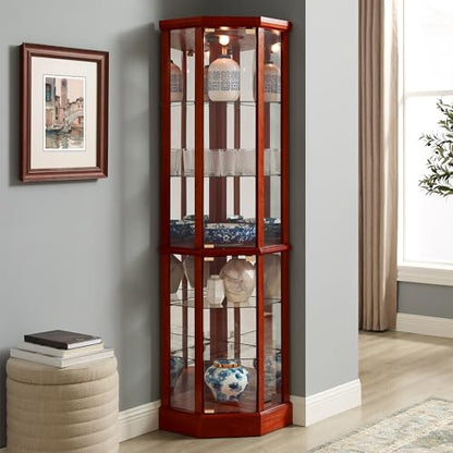 6 Shelf Lighted Corner Curio Cabinet with Adjustable Tempered Glass Shelves and Mirror Back, Cherry(E26 Light Bulb not Included)