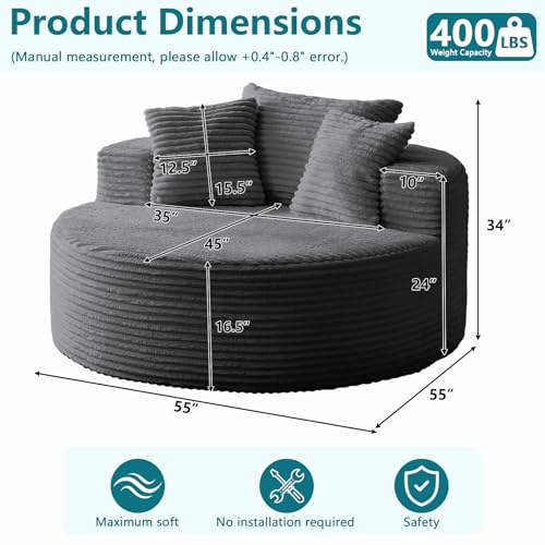 55'' Oversized Round Chaise Lounge Chair Indoor, Corduroy Sponge Deep Seat Single Sofa, Cloud Large Round Chairs, Modern Sleeper Chair for Living Room, Wide Armrest Chairs, No Assembly Required Gray