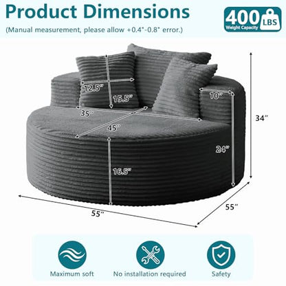 55'' Oversized Round Chaise Lounge Chair Indoor, Corduroy Sponge Deep Seat Single Sofa, Cloud Large Round Chairs, Modern Sleeper Chair for Living Room, Wide Armrest Chairs, No Assembly Required Gray