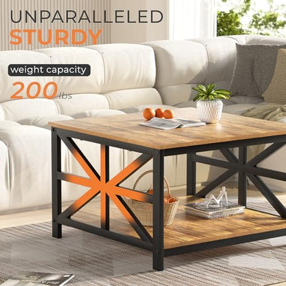 Rustic Living Room Coffee Table with 2 Tier Storage | X Metal Frame Square Center Table with Seamless One-Piece Tabletop,27.55 inch Sofa Table,Scratch-resistant,Walnut