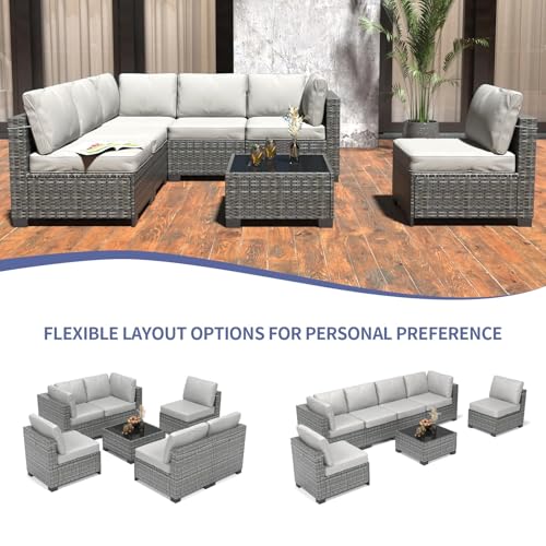 7 Piece Outdoor Patio Furniture Set, PE Rattan Conversation Sofa Set, Wicker Patio Set w/Thick Cushions & Glass Top Coffee Table, All-Weather Outside Furniture for Garden, Balcony, Porch(Grey)