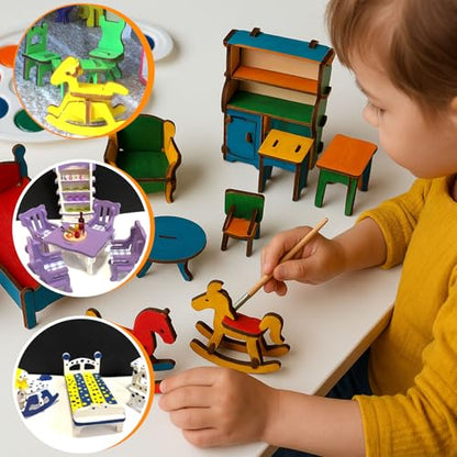 34 PCS DIY Wooden Dollhouse Furniture Set, 1:20 Scale Miniature Room Accessories for Kitchen Living Room Bathroom for DIY Crafts Project