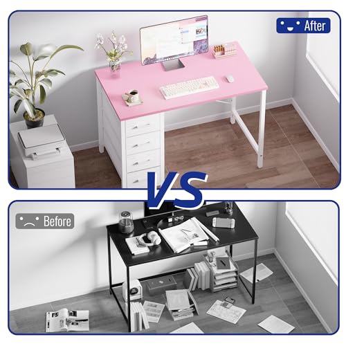 32 Inch Computer Desk with 4 Drawers Small Office Desk for Home Bedroom Study Writing Simple Modern Computer Table Pink