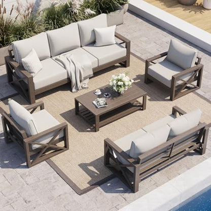 Aluminum Patio Furniture Set, Faux Wood Grain Modern Outdoor Furniture, 6" Cushions Metal Patio Conversation Sofa with Coffee Table for Poolside Deck, 8 PCS, Beige(Include 600D Covers)