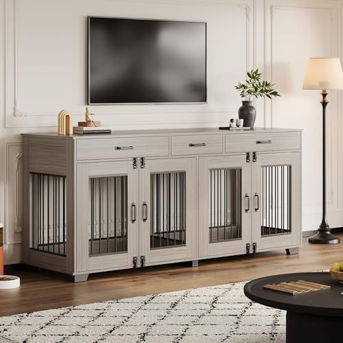 GAOMON 71-Inch Wooden Double Dog Crate with 3 Drawers, Grey, view 6