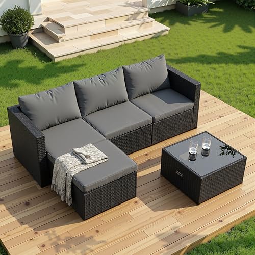 4 Pieces Patio Furniture Set, 2-in-1 Convertible Sectional Sofa & Chaise Lounge, All-Weather Wicker Rattan Sofa Couch with Cushions & Coffee Table for Yard, Garden, Porch, Poolside (Gray)