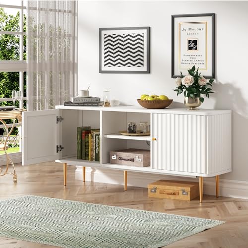 55” Fluted TV Stand, Mid Century Modern White TV Stand for 55/60/65 inch TV, Entertainment Center with Storage, Television Stands, TV Console, Media Console for Living Room, Bedroom