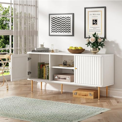 55” Fluted TV Stand, Mid Century Modern White TV Stand for 55/60/65 inch TV, Entertainment Center with Storage, Television Stands, TV Console, Media Console for Living Room, Bedroom