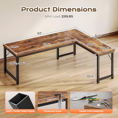 63 Inch L Shaped Desk with 0.95 Inch Thicker Desktop, view 4