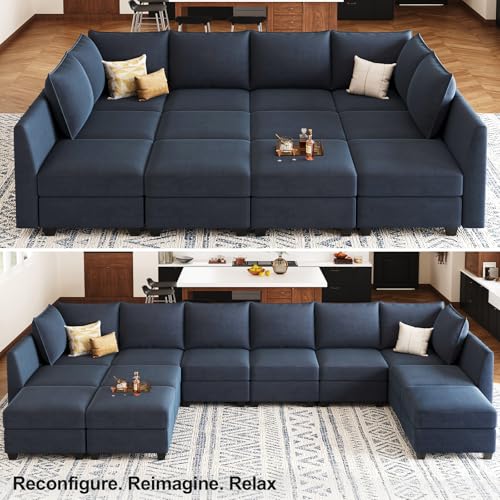 Oversized Modular Sectional Couch Sleeper Sofa with Storage Velvet Sectional Sofa Bed for Living Room, 12 Seats, Blue