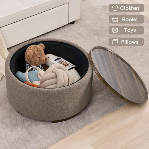 Brown Teddy Round Storage Ottoman Coffee Table with Solid Wood Legs, view 4
