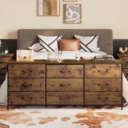 Dresser TV Stand for 75 Inch TV, with 9 Fabric Drawers, Rustic Brown, view 3