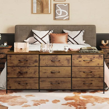 Dresser TV Stand for 75 Inch TV, with 9 Fabric Drawers, Rustic Brown, view 3