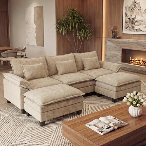 Oversized Modular Sectional Sofa，Khaki：122" U Shaped | Modern Comfy Cloud Couch with Movable Ottoman and Pillow, Deep Seat Couches for Living Room, Bedroom or Apartment