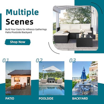 3 Piece Patio Furniture Set, Outdoor PE Rattan Sectional Sofa Set with Ottoman, Detachable Cushions and Glass Coffee Table, Patio Conversation Set for Backyard Balcony Porch, Black/White