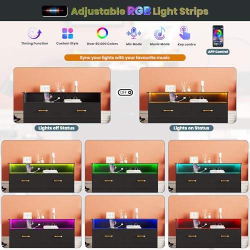 6 Drawer Dresser with LED Light and Charging Station, Black, view 8