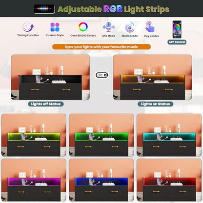 6 Drawer Dresser with LED Light and Charging Station, Black, view 8