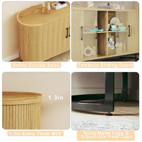 47.2" Sideboard Buffet Cabinet with Storage, Fluted Storage Cabinet with Sliding Door & Adjustable Shelf, Modern Tambour Sideboard Buffet for Kitchen, Living Room, Entryway, Oak
