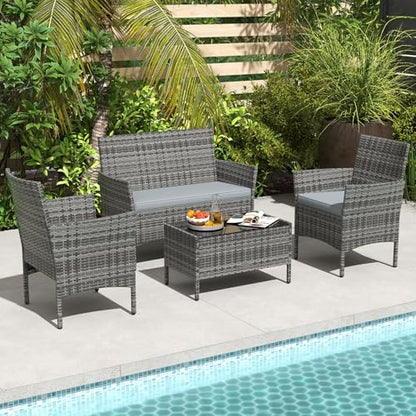 4-Piece Patio Furniture Set - Rattan Outdoor Conversation Bistro Set w/Cushions, Glass Coffee Table, Wicker Chairs & Loveseat for Garden Backyard Porch, Balcony Furniture Set (1, Mix Grey)