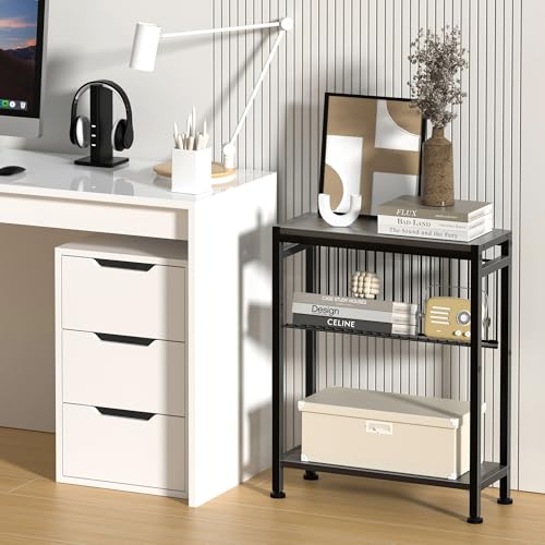 Side Table for Small Spaces, Narrow End Table with Magazine Holder, 2 in 1 Design Slim Side Table, Skinny Nightstand for Living Room Bedroom, Thin Side Magazine Table, Grey