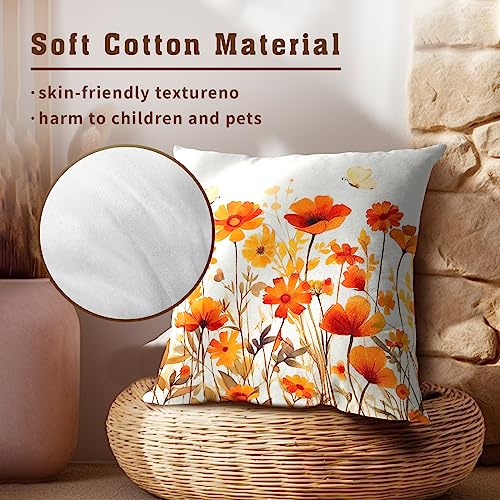Fall Wildflowers Decorative Pillow Covers 18x18 Inch Set of 2,Thanksgiving Autumn Kitchen Home Decor, Orange Flower Throw Pillows Case,Farmhouse Square Cushion Covers for Sofa Bed Couch