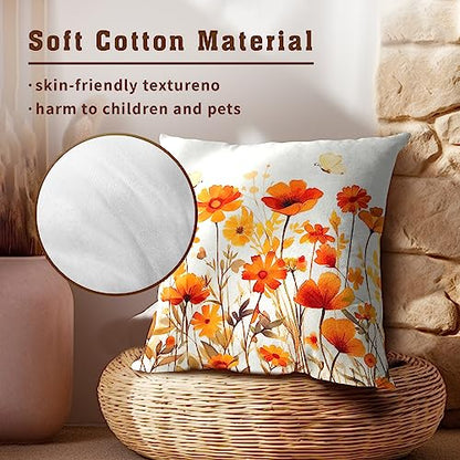 Fall Wildflowers Decorative Pillow Covers 18x18 Inch Set of 2,Thanksgiving Autumn Kitchen Home Decor, Orange Flower Throw Pillows Case,Farmhouse Square Cushion Covers for Sofa Bed Couch