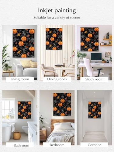 NuYeBiofx Halloween Scary Pumpkins Canvas Wall Art Prints,48"x32" Framed Picture Artwork Spiderwebs on Black Printed Canvas Oil Painting for Living Room Bedroom Office,Ready to Hang