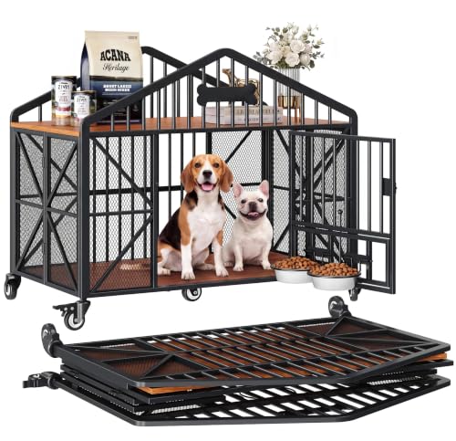 41.5" Foldable Dog Crate Furniture with 5 Wheels & Adjustable Bowls, view 2