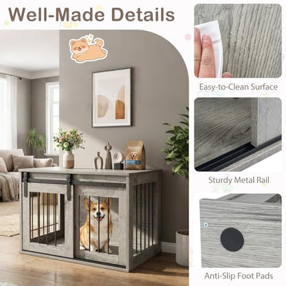 31.5" Dog Crate Furniture with Sliding Barn Door, Wooden Dog Kennel, view 7