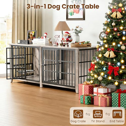 78.84" Dog Crate Furniture for 2 Dogs, Double Wooden Dog Kennel,Grey, view 4