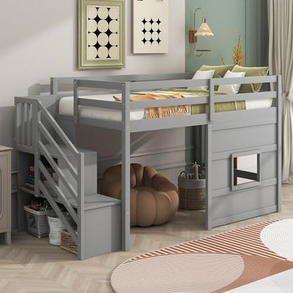 Low Loft Bed with Stairs, Twin Wooden Loft Bed Frame for Kids with Storage, Gray