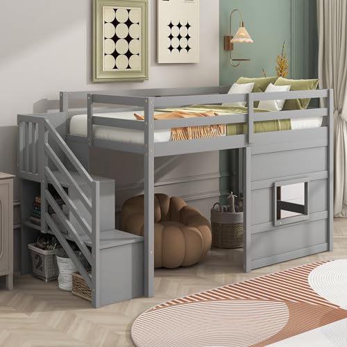 Twin Size Loft Bed with Storage Staircase and Window,Wood loft Bed Frame w/Length Guardrail & Slat Support,No Box Spring Needed,for Kids Teens Boys Girls,Gray